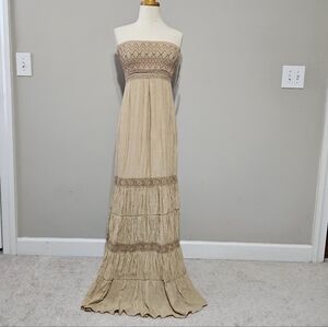 GB Strapless Beige Boho Maxi Dress Chevron Embroidered Crochet Trim Tiered Size
